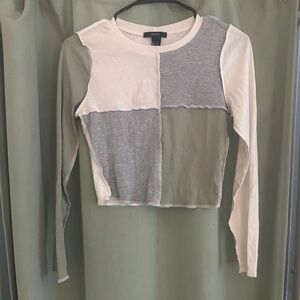 Forever 21 Patchwork Long Sleeve Top - Cream, Gray, Green